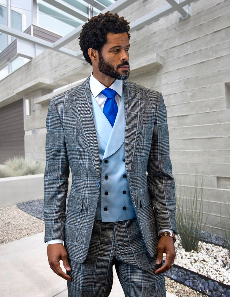 STATEMENT 3PC  PLAID SUIT WITH MATCHING POWDER VEST TAILORED FIT FLAT FRONT PANTS HAND MADE SUPER 150'S ITALIAN FABRIC 