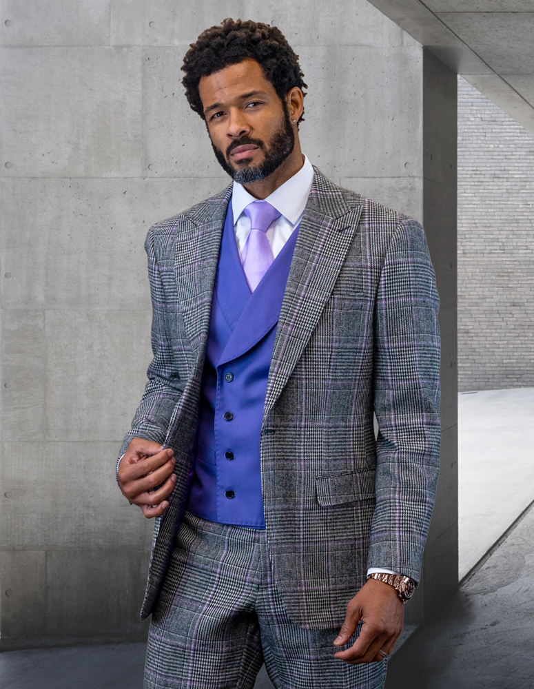 STATEMENT 3PC  PLAID SUIT WITH MATCHING PURPLE VEST TAILORED FIT FLAT FRONT PANTS HAND MADE SUPER 150'S ITALIAN FABRIC 