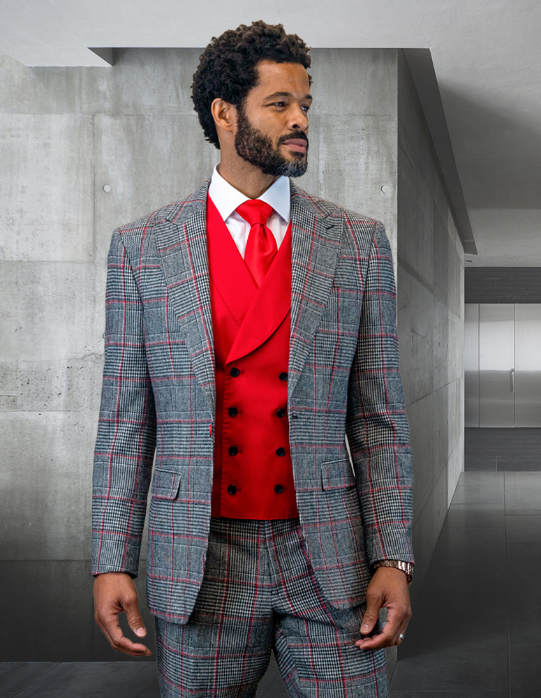 STATEMENT 3PC  PLAID SUIT WITH MATCHING RED VEST TAILORED FIT FLAT FRONT PANTS HAND MADE SUPER 150'S ITALIAN FABRIC