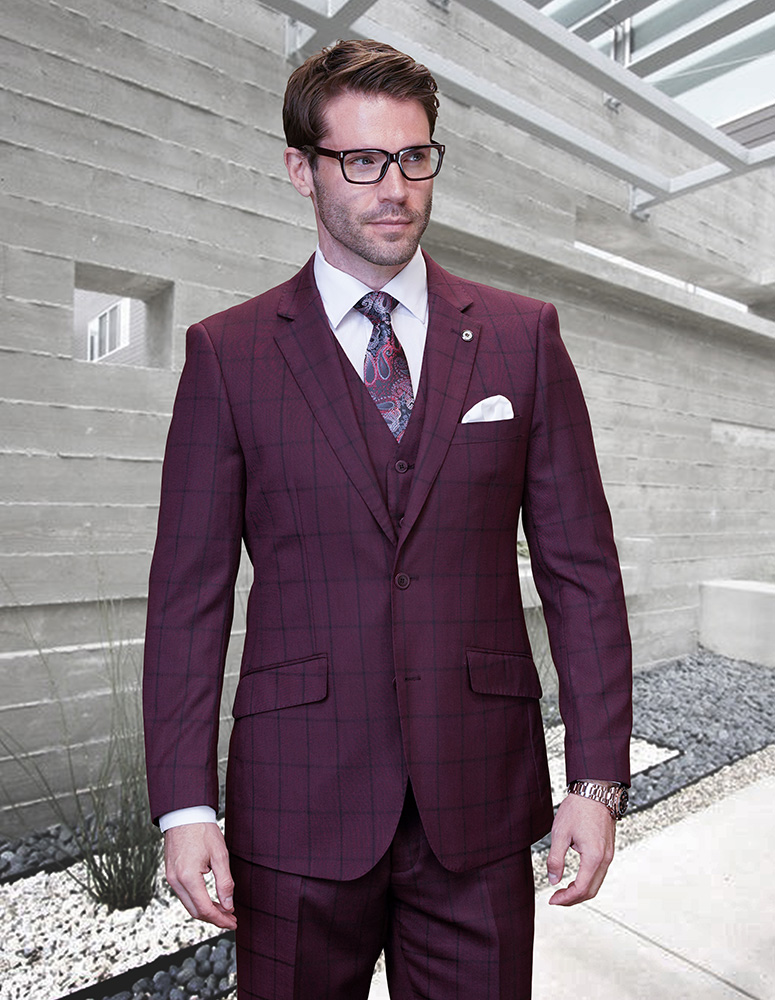 STATEMENT CONFIDENCE 3PC BURGUNDY PLAID SUITS SUPER 200'S ITALIAN WOOL AND CASHMERE. MODERN FIT FLAT FRONT PANTS
