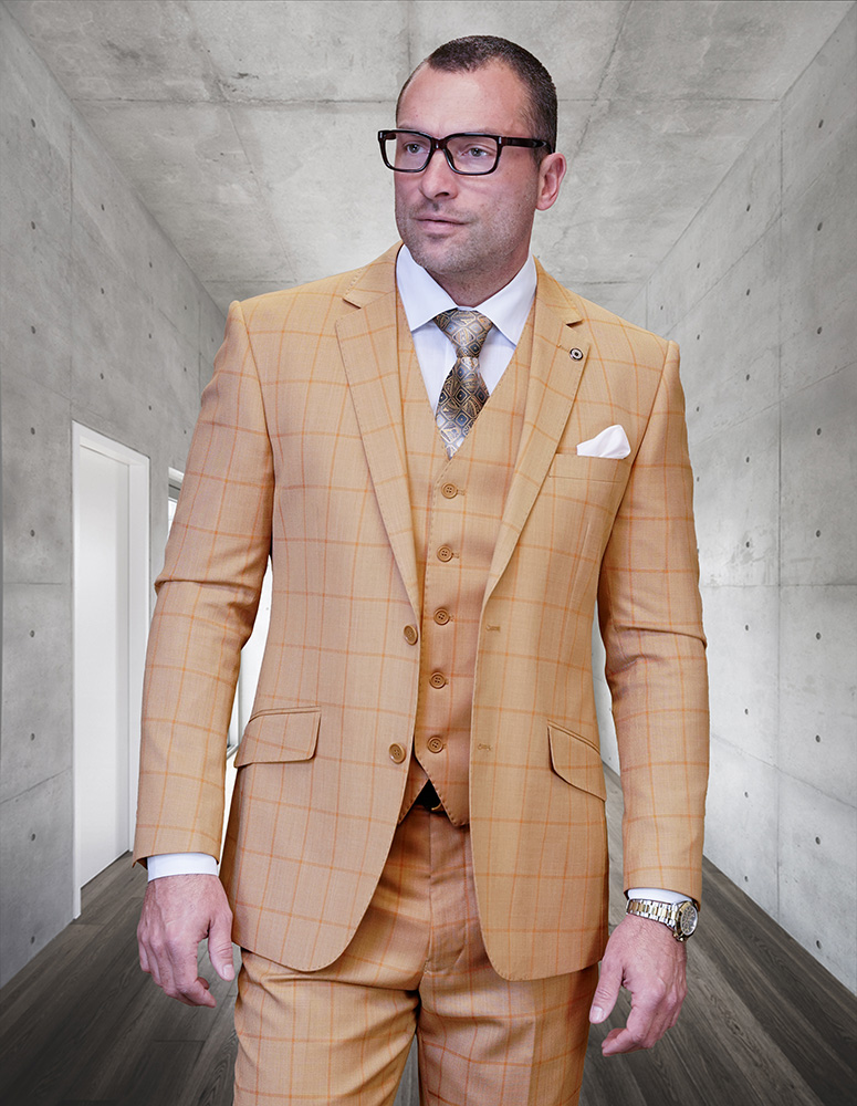 STATEMENT CONFIDENCE 3PC CAMEL PLAID SUITS SUPER 200'S ITALIAN WOOL AND CASHMERE. MODERN FIT FLAT FRONT PANTS 