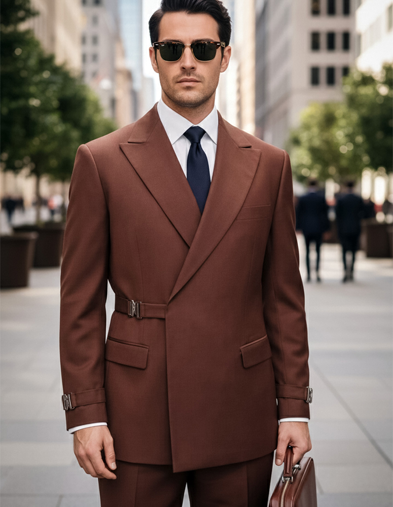 2PC ITALIAN SUPER 200'S WOOL SUIT. MODERN FIT FLAT FRONT PANTS WITH METAL BUCKLES 