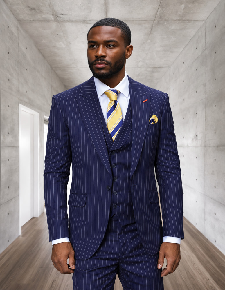 STATEMENT 3PC PINSTRIPE SUIT. MODERN FIT FLAT FRONT PANTS. ITALIAN WOOL FABRIC 