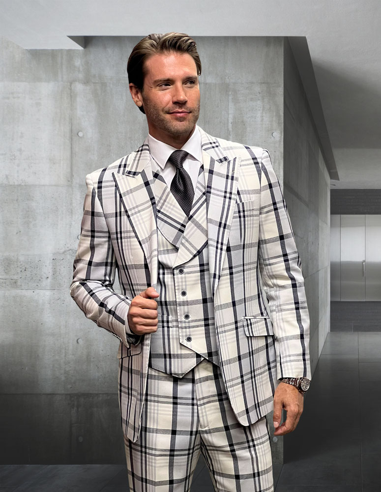 3PC PLAID SUIT WITH  DOUBLE BREASTED VEST. SUPER 200'S ITALIAN WOOL AND CASHMERE FABRIC. MODERN FIT FLAT FRONT PANTS 