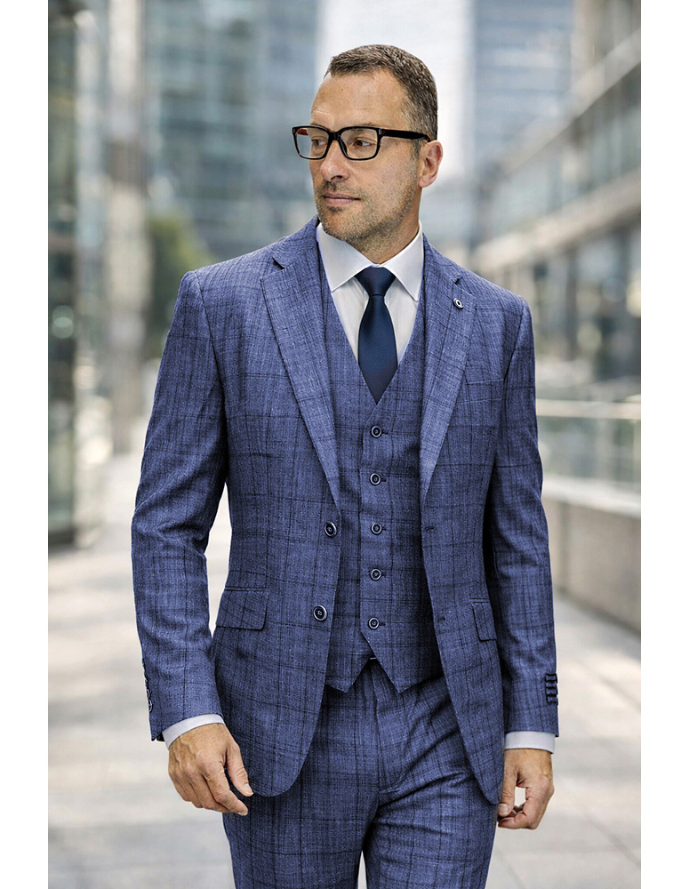  STATEMENT 3PC PLAID SUIT SUPER 200'S ITALIAN WOOL. MODERN FIT FLAT FRONT PANTS 