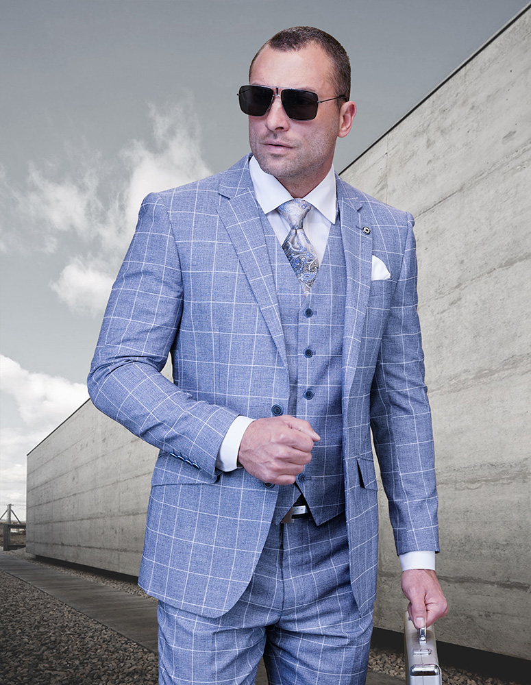 STATEMENT CONFIDENCE 3PC STEEL BLUE PLAID SUITS SUPER 200'S ITALIAN WOOL AND CASHMERE. MODERN FIT FLAT FRONT PANTS 