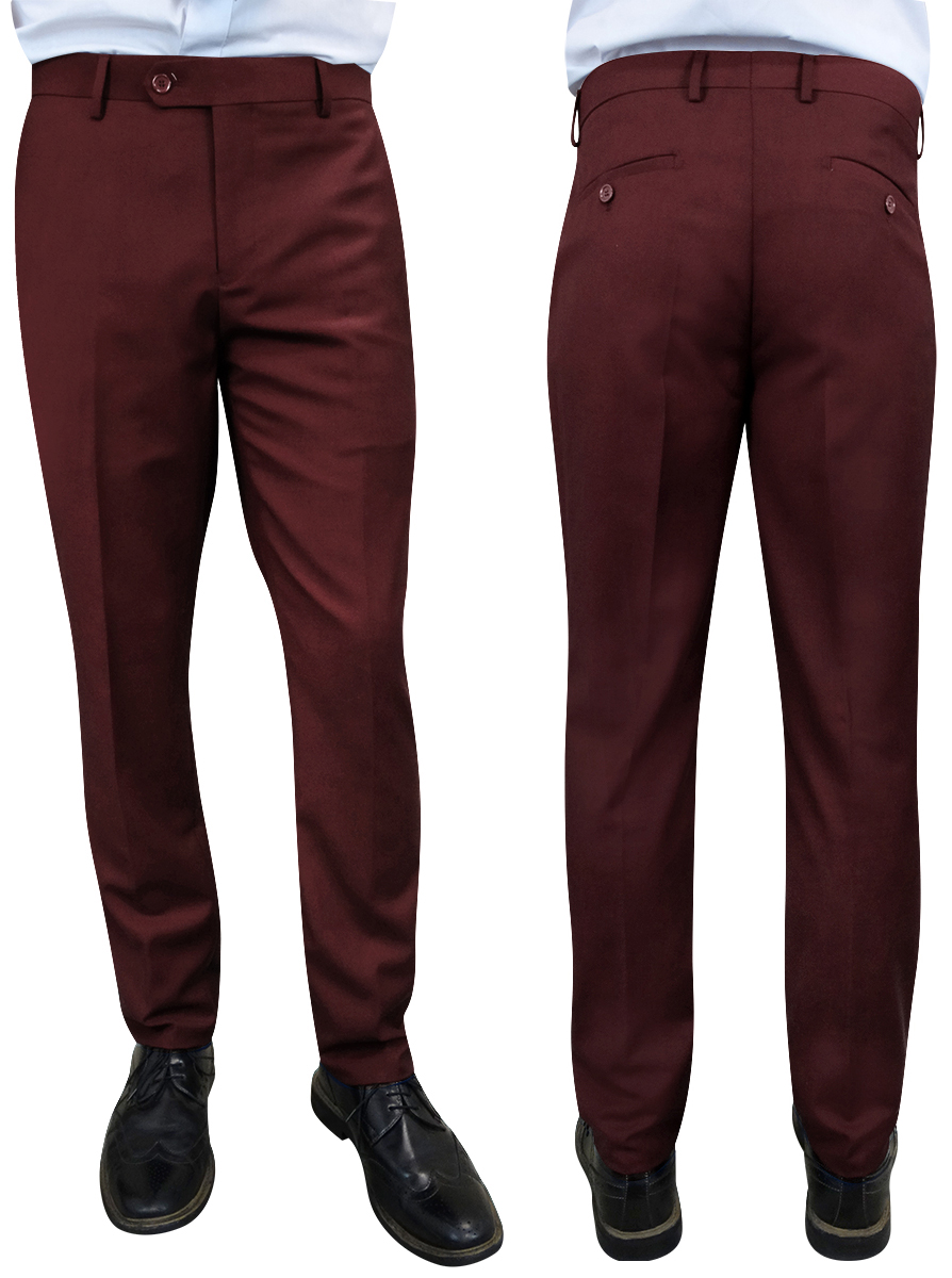 SLIM FIT BURGUNDY ITALIAN FLAT FRONT MENS WOOL DRESS PANTS HAND TAILORED 