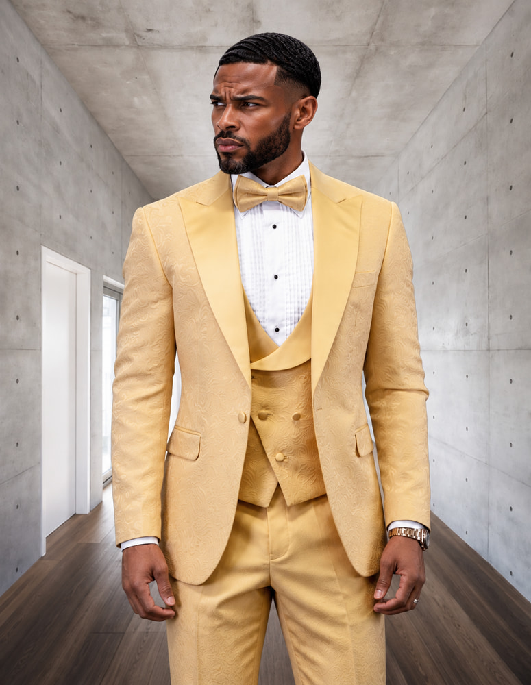 STATEMENT BELLAGIO-15 3PC TAILORED FIT 1 BUTTON MENS GOLD TUXEDO PEAK LAPEL SUPER 150'S EXTRA FINE ITALIAN FABRIC INCLUDING BOW TIE  