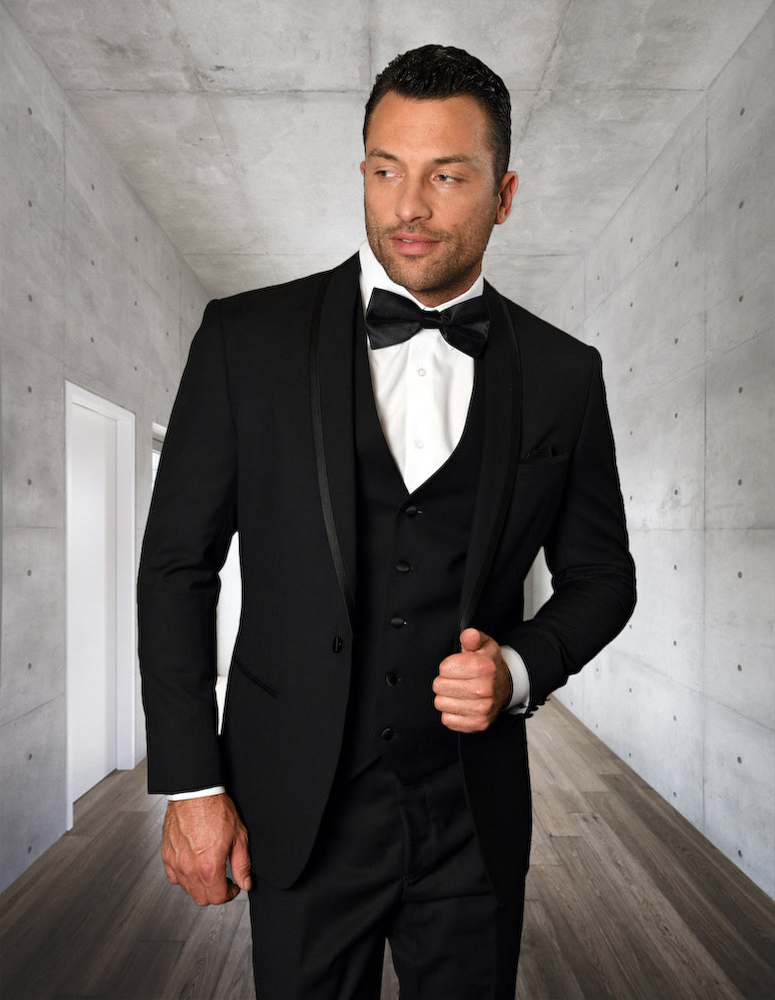 STATEMENT CAESAR BLACK 3PC TAILORED FIT TUXEDO SUIT WITH FLAT FRONT PANTS INCLUDING MATCHING BOWTIE