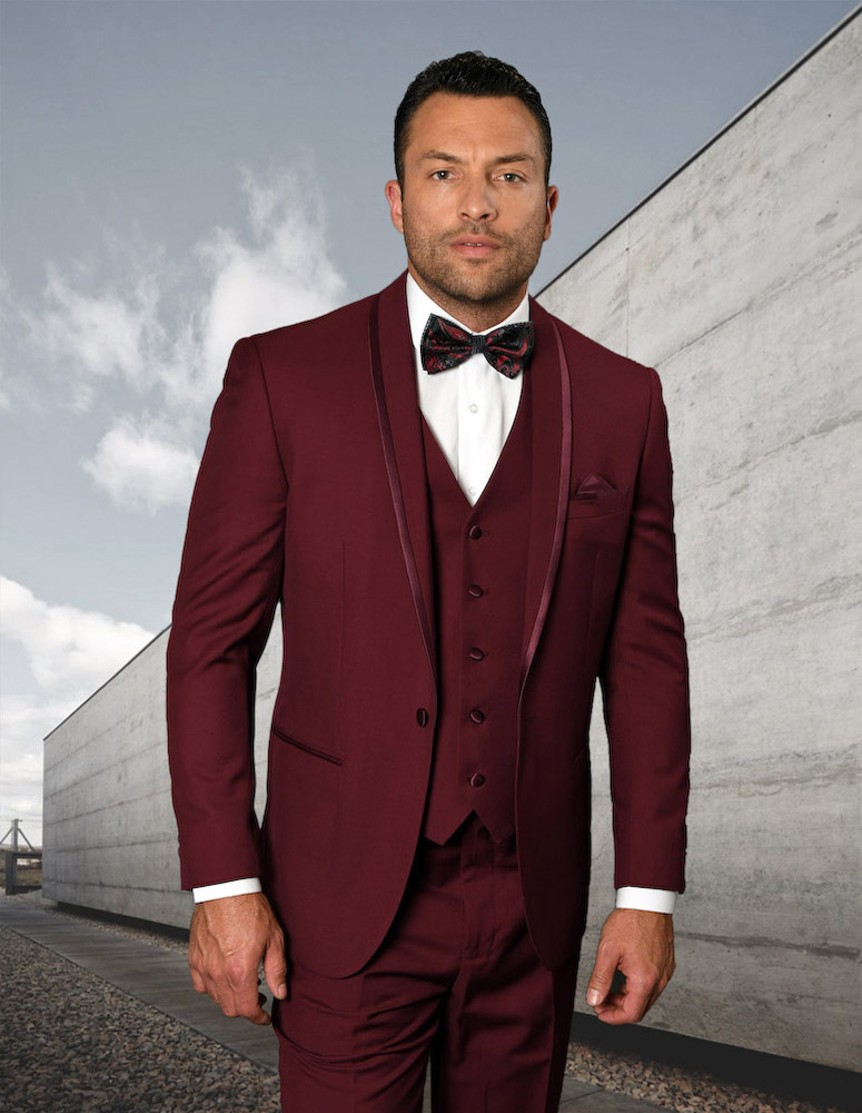 STATEMENT CAESAR BURGUNDY 3PC TAILORED FIT TUXEDO SUIT WITH FLAT FRONT PANTS INCLUDING MATCHING BOWTIE 
