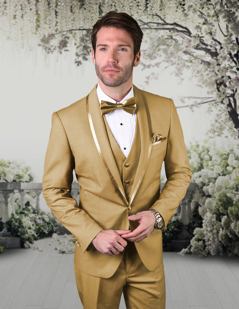 STATEMENT CAESAR CHAMPAGNE 3PC TAILORED FIT TUXEDO SUIT WITH FLAT FRONT PANTS INCLUDING MATCHING BOWTIE 
