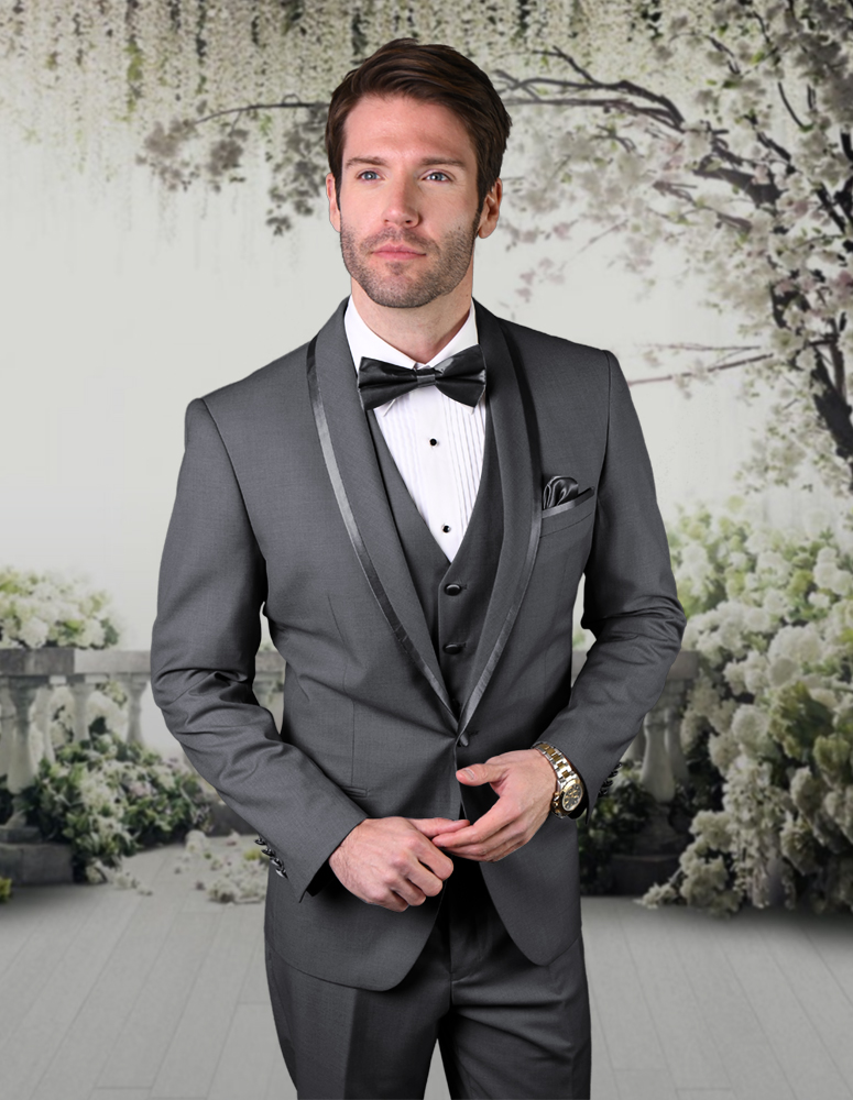 STATEMENT CAESAR CHARCOAL 3PC TAILORED FIT TUXEDO SUIT WITH FLAT FRONT PANTS INCLUDING MATCHING BOWTIE 
