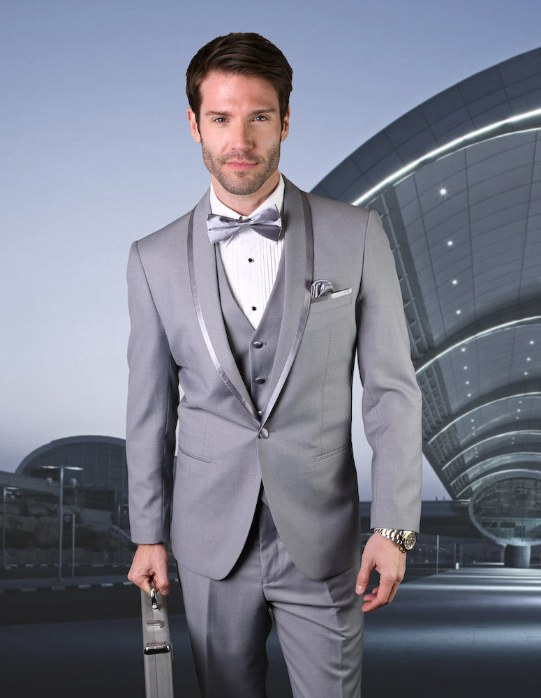 STATEMENT CAESAR GREY 3PC TAILORED FIT TUXEDO SUIT WITH FLAT FRONT PANTS INCLUDING MATCHING BOWTIE 