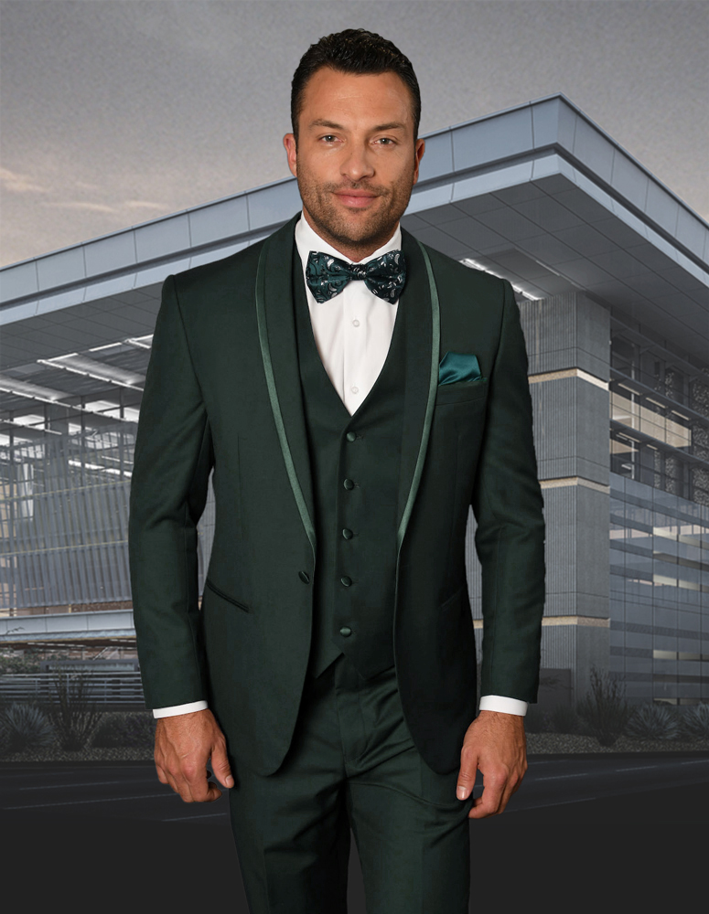 STATEMENT CAESAR HUNTER 3PC TAILORED FIT TUXEDO SUIT WITH FLAT FRONT PANTS INCLUDING MATCHING BOWTIE 