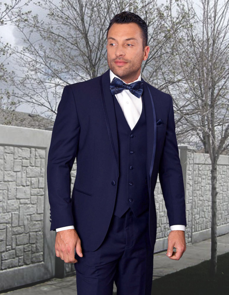 STATEMENT CAESAR NAVY 3PC TAILORED FIT TUXEDO SUIT WITH FLAT FRONT PANTS INCLUDING MATCHING BOWTIE 