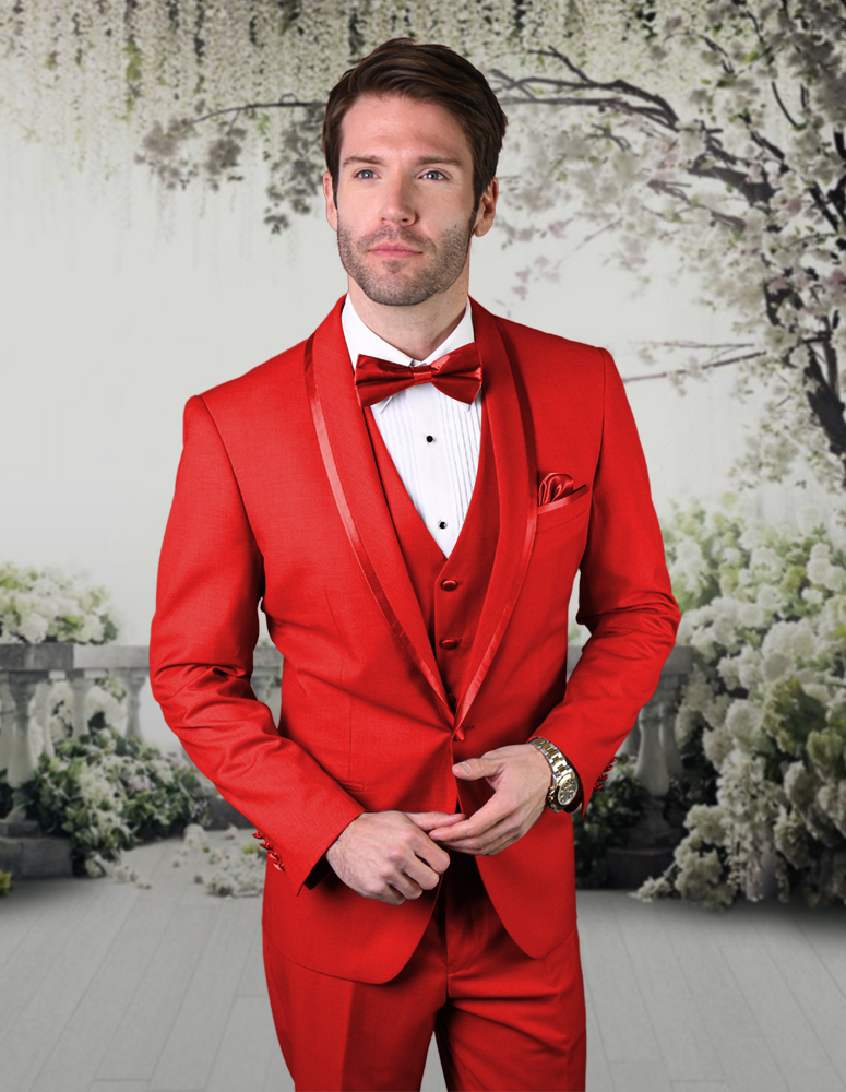 STATEMENT CAESAR RED 3PC TAILORED FIT TUXEDO SUIT WITH FLAT FRONT PANTS INCLUDING MATCHING BOWTIE 