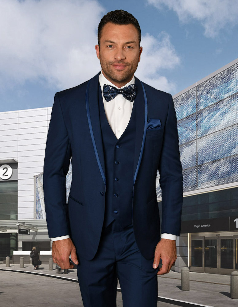 STATEMENT CAESAR SAPPHIRE 3PC TAILORED FIT TUXEDO SUIT WITH FLAT FRONT PANTS INCLUDING MATCHING BOWTIE 