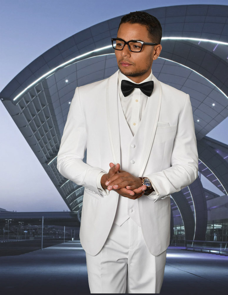 STATEMENT CAESAR WHITE 3PC TAILORED FIT TUXEDO SUIT WITH FLAT FRONT PANTS INCLUDING MATCHING BOWTIE 