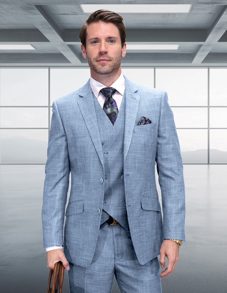 STATEMENT 3PC BLUE SUIT WITH DOUBLE BREASTED VEST. SUPER 200'S ITALIAN WOOL AND CASHMERE FABRIC. MODERN FIT FLAT FRONT PANTS