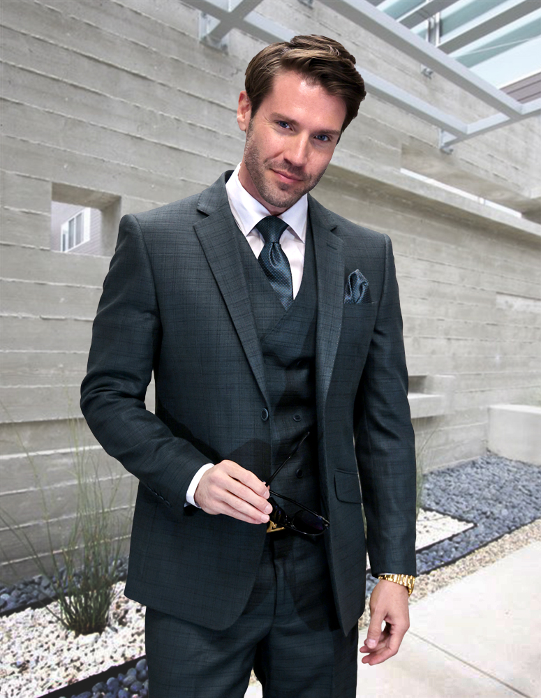 STATEMENT 3PC HUNTER SUIT WITH DOUBLE BREASTED VEST. SUPER 200'S ITALIAN WOOL AND CASHMERE FABRIC. MODERN FIT FLAT FRONT PANTS 