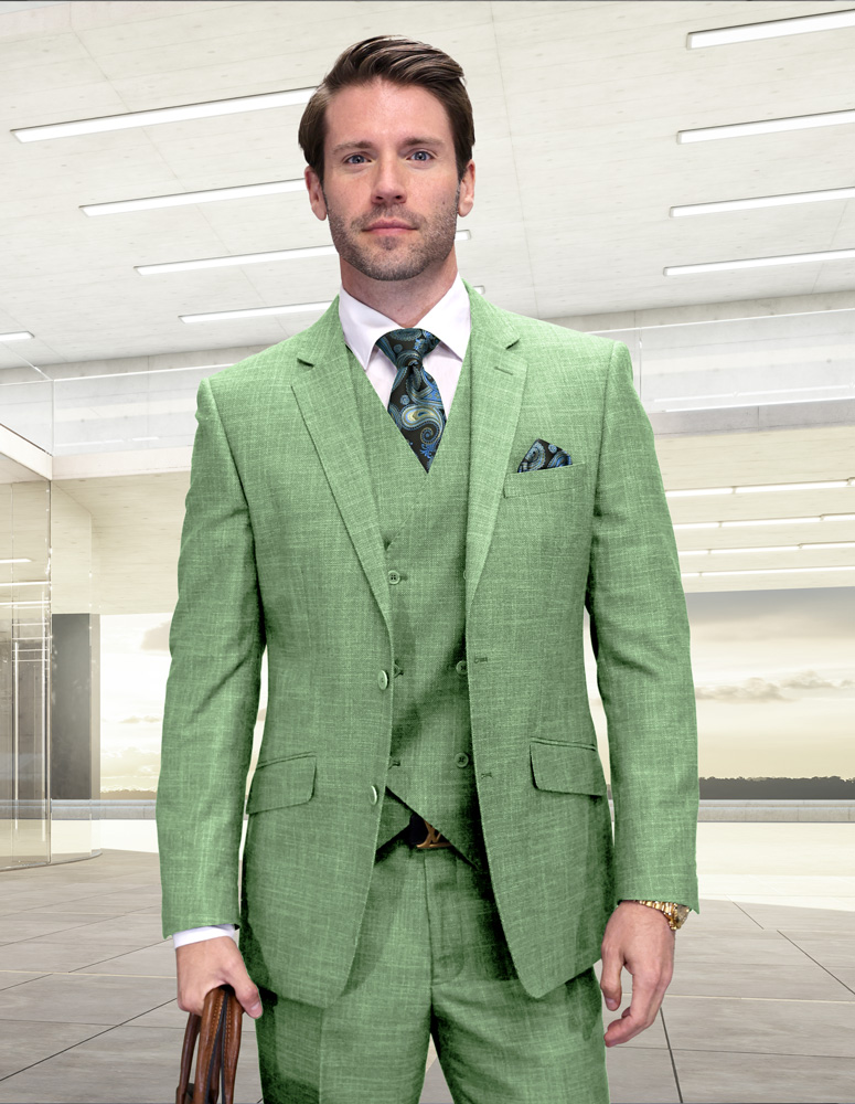STATEMENT 3PC SAGE SUIT WITH DOUBLE BREASTED VEST. SUPER 200'S ITALIAN WOOL AND CASHMERE FABRIC. MODERN FIT FLAT FRONT PANTS
