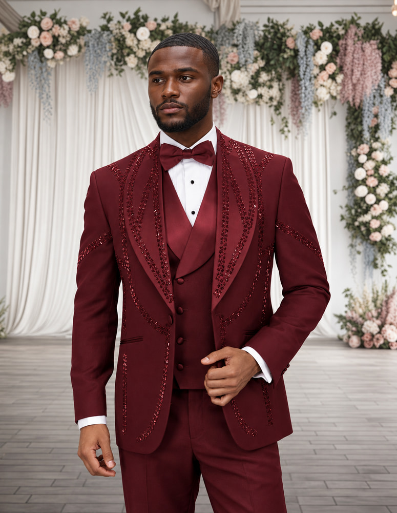 3PC ITALIAN WOOL TUXEDO WITH BURGUNDY STONES. MODERN FIT FLAT FRONT PANTS