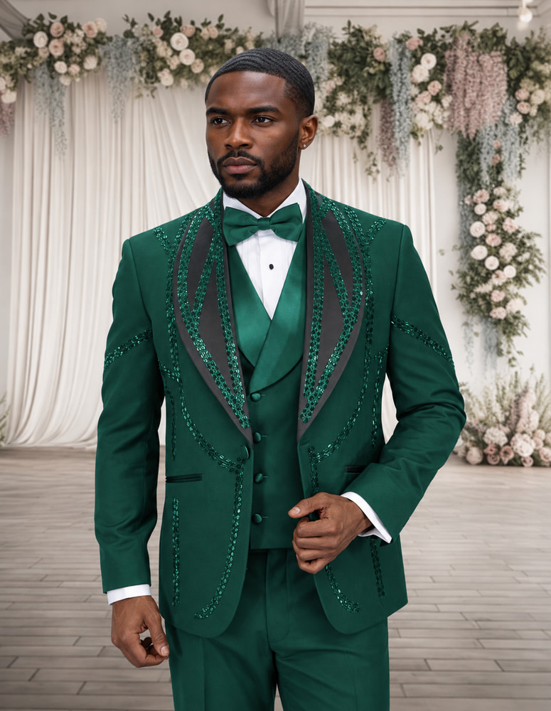 3PC ITALIAN WOOL TUXEDO WITH HUNTER STONES. MODERN FIT FLAT FRONT PANTS 