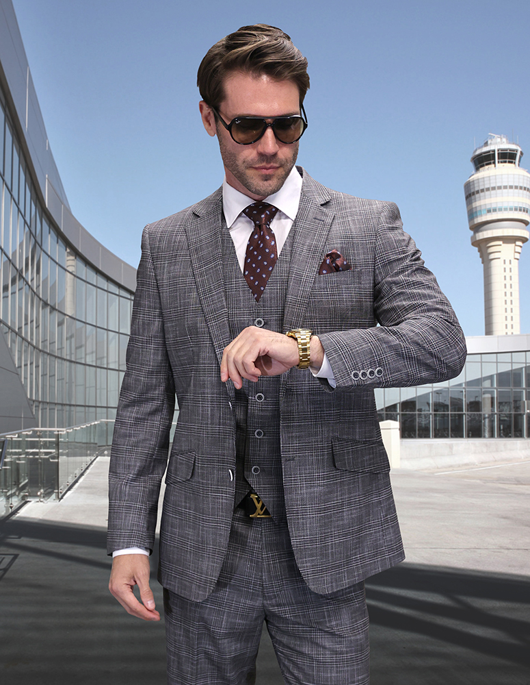 STATEMENT 3PC GREY SUIT WITH DOUBLE BREASTED VEST. SUPER 200'S ITALIAN WOOL AND CASHMERE FABRIC. MODERN FIT FLAT FRONT PANTS 