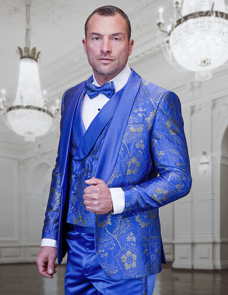 STATEMENT DELANO-3-ROYAL 3PC TAILORED FIT 1 BUTTON MENS SHAWL LAPEL TUXEDO SUPER 150'S EXTRA FINE ITALIAN WOVEN FABRIC  INCLUDING BOW TIE 