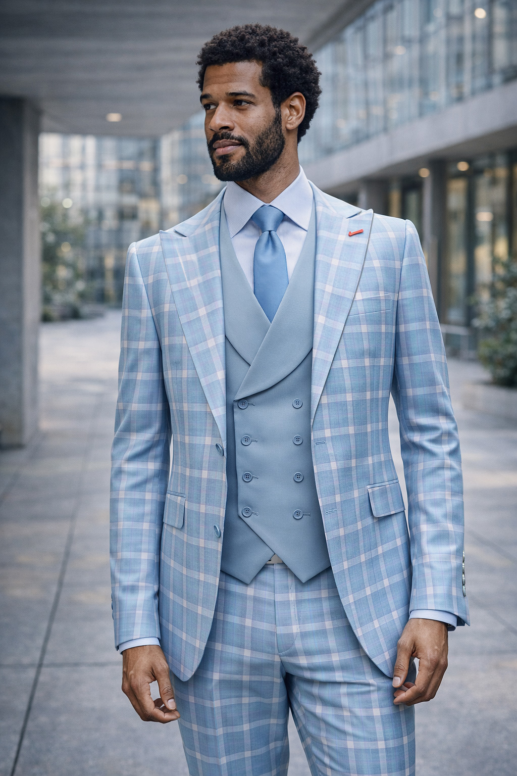 3PC PLAID SUIT WITH SOLID COLOR CONTRAST DOUBLE BREASTED VEST. SUPER 200'S ITALIAN WOOL AND CASHMERE FABRIC. MODERN FIT FLAT FRONT PANTS