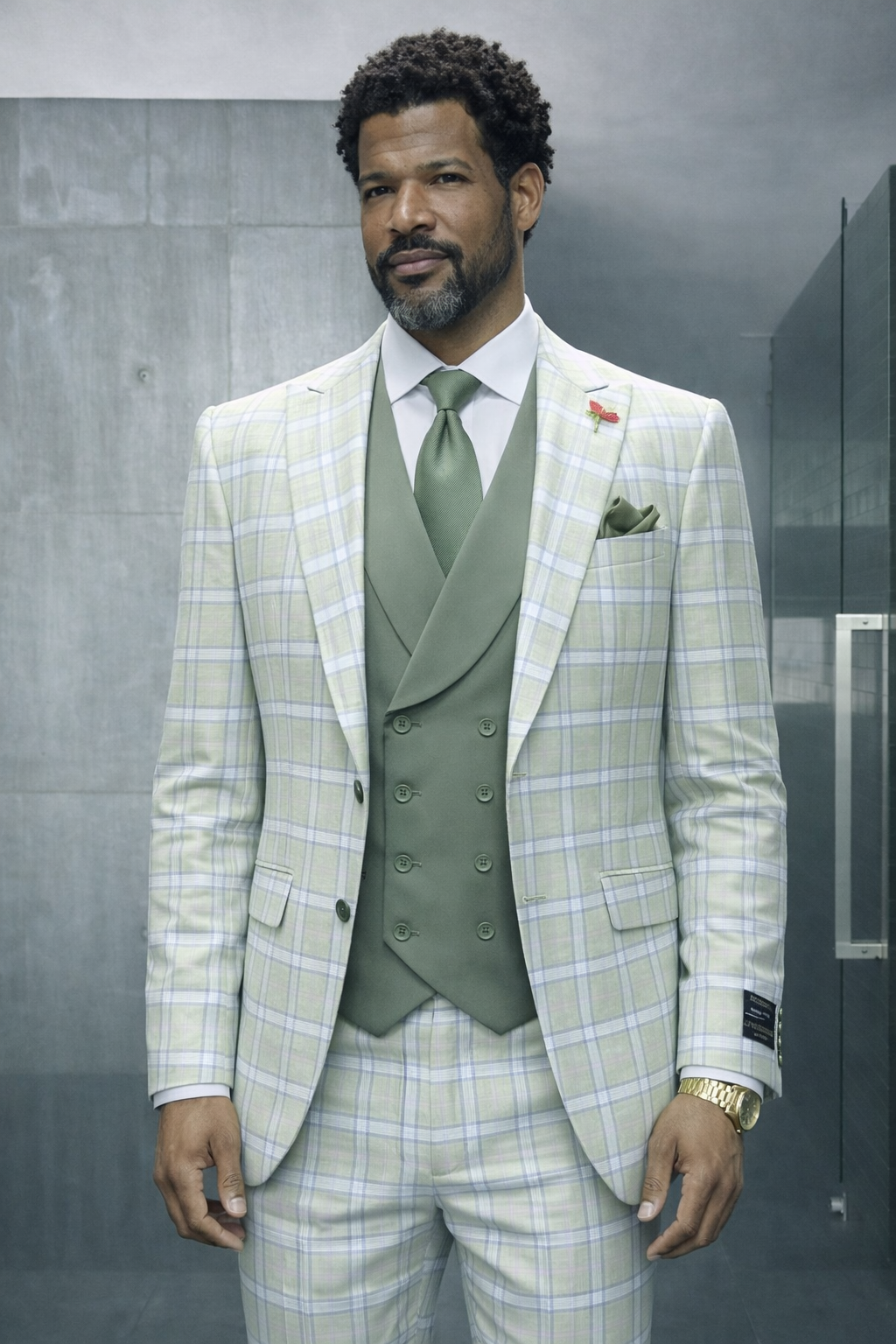 3PC PLAID SUIT WITH SOLID COLOR CONTRAST DOUBLE BREASTED VEST. SUPER 200'S ITALIAN WOOL AND CASHMERE FABRIC. MODERN FIT FLAT FRONT PANTS 