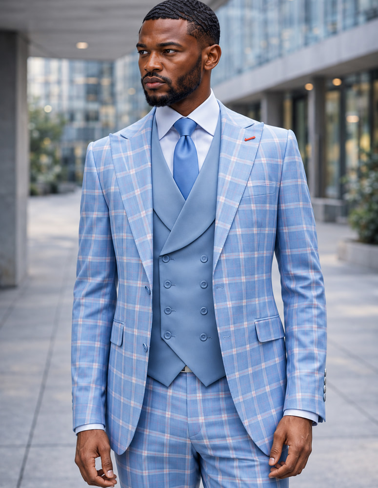 3PC PLAID SUIT WITH SOLID COLOR CONTRAST DOUBLE BREASTED VEST. SUPER 200'S ITALIAN WOOL AND CASHMERE FABRIC. MODERN FIT FLAT FRONT PANTS