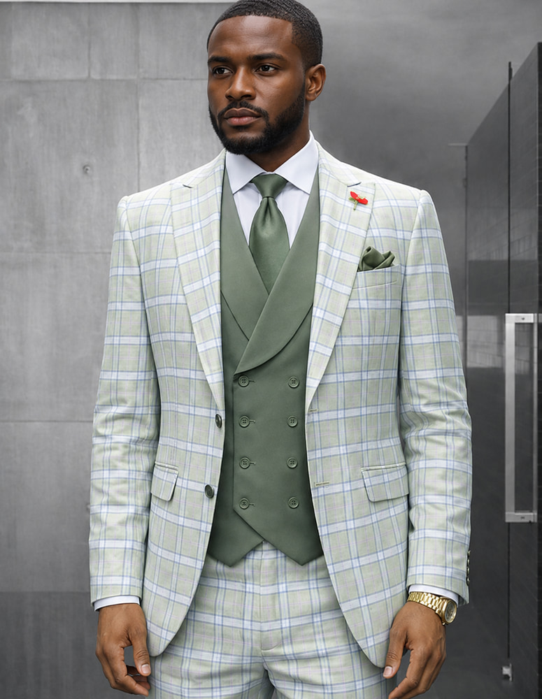 3PC PLAID SUIT WITH SOLID COLOR CONTRAST DOUBLE BREASTED VEST. SUPER 200'S ITALIAN WOOL AND CASHMERE FABRIC. MODERN FIT FLAT FRONT PANTS 