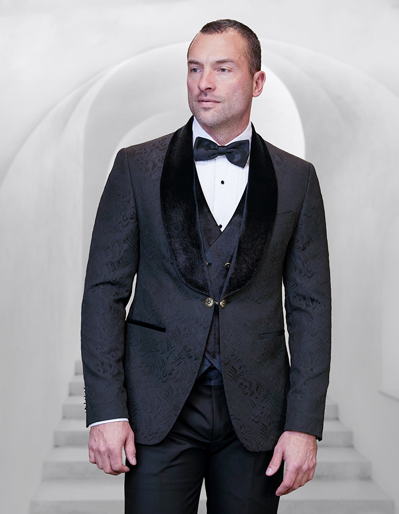 3PC SHAWL LAPEL BLACK TUXEDO WITH VELVET LAPEL, VELVET VEST,WITH GOLD BUTTONS AND SIDE TRIM ON THE PANTS 