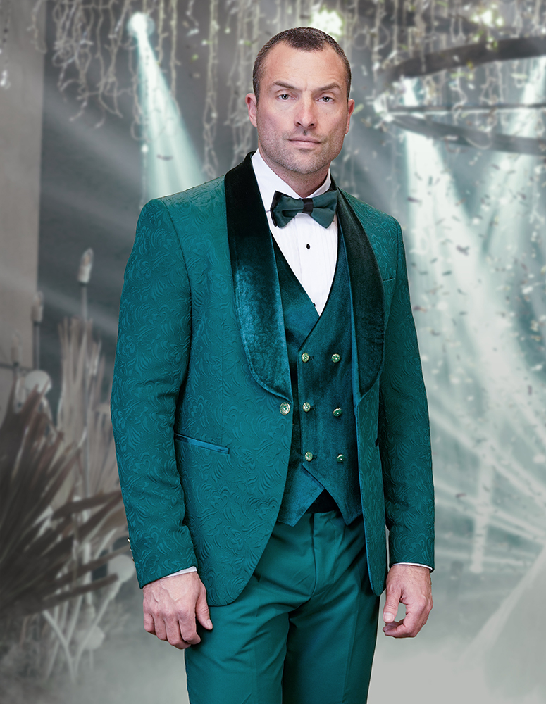 3PC SHAWL LAPEL HUNTER TUXEDO WITH VELVET LAPEL, VELVET VEST,WITH GOLD BUTTONS AND SIDE TRIM ON THE PANTS 