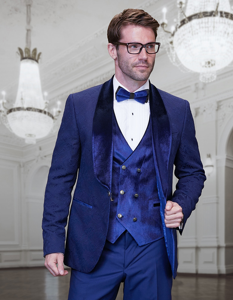 3PC SHAWL LAPEL SAPPHIRE TUXEDO WITH VELVET LAPEL, VELVET VEST,WITH GOLD BUTTONS AND SIDE TRIM ON THE PANTS