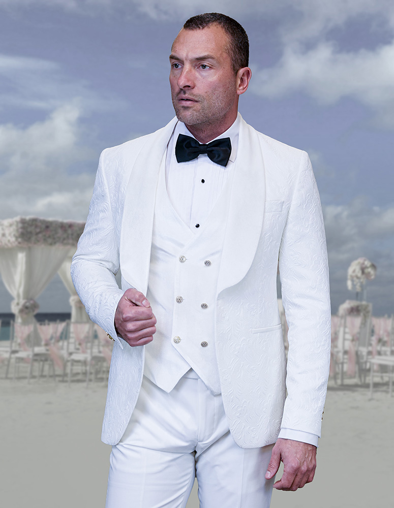 3PC SHAWL LAPEL WHITE TUXEDO WITH VELVET LAPEL, VELVET VEST,WITH GOLD BUTTONS AND SIDE TRIM ON THE PANTS