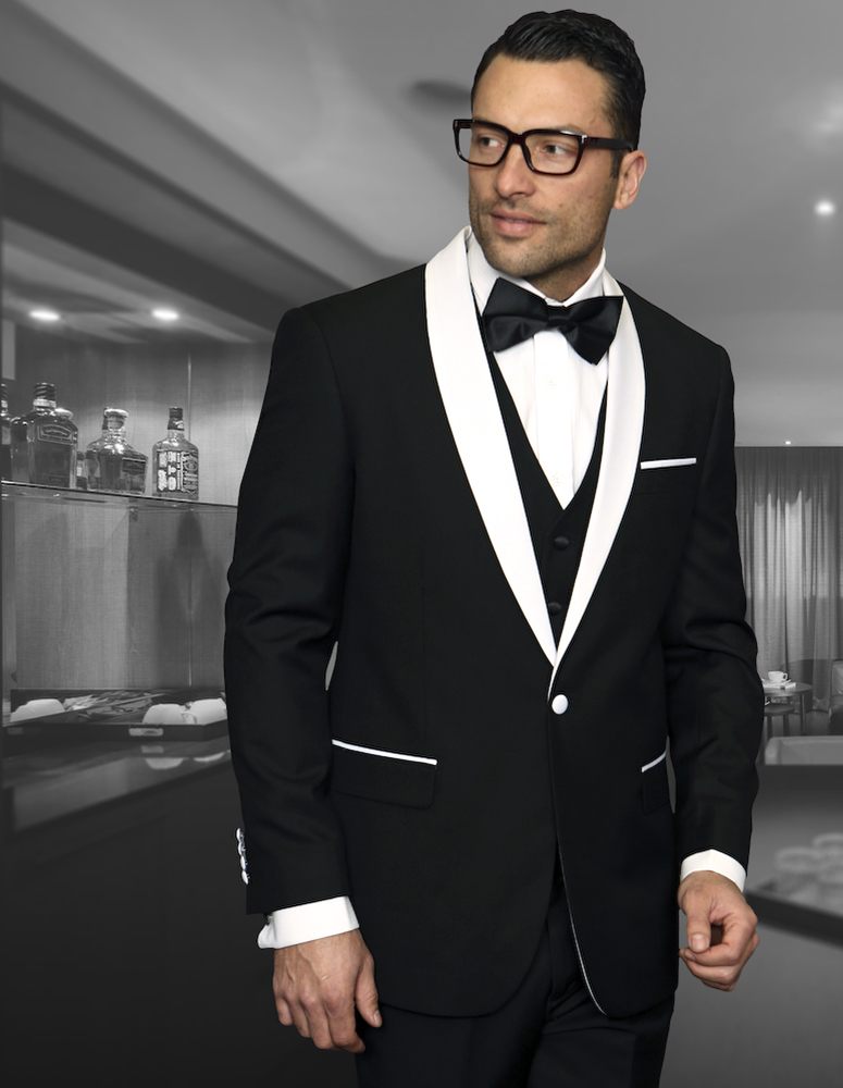 ENCORE CLASSIC 1 BUTTON MENS BLACK TUXEDO WITH SATIN COLLAR EXTRA FINE HAND MADE SUPER 150'S WOOL 