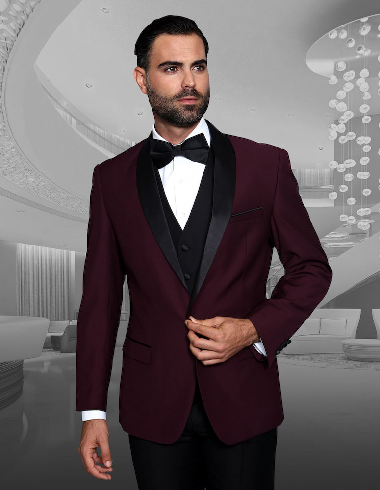 ENCORE CLASSIC 1 BUTTON MENS BURGUNDY TUXEDO WITH VELVET COLLAR EXTRA FINE HAND MADE SUPER 150'S WOOL