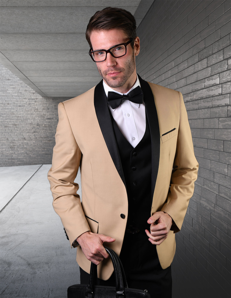 ENCORE CLASSIC 1 BUTTON MENS CHAMPAGNE TUXEDO WITH VELVET COLLAR EXTRA FINE HAND MADE SUPER 150'S WOOL 