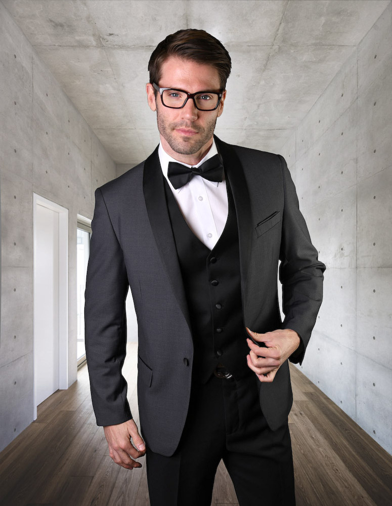 ENCORE CLASSIC 1 BUTTON MENS CHARCOAL TUXEDO WITH SATIN COLLAR EXTRA FINE HAND MADE SUPER 150'S WOOL  