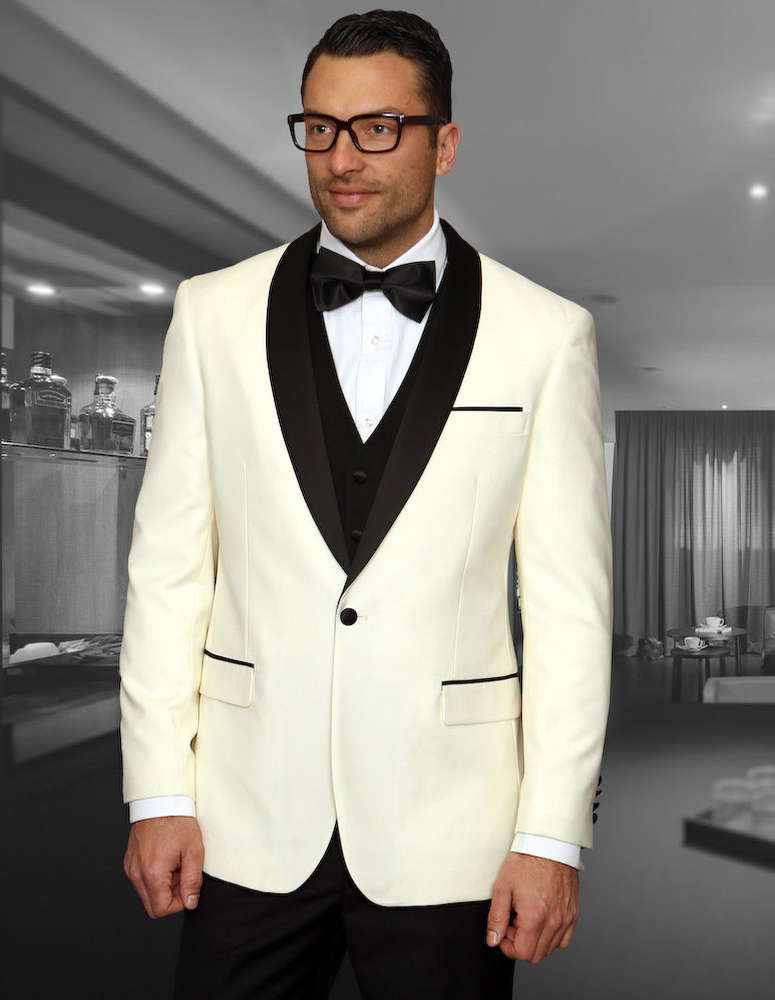 ENCORE CLASSIC 1 BUTTON MENS OFF WHITE TUXEDO WITH SATIN COLLAR EXTRA FINE HAND MADE SUPER 150'S WOOL
