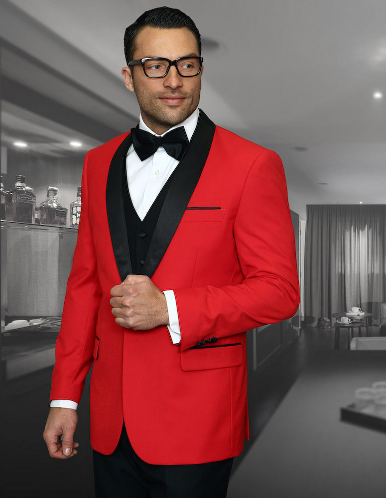 ENCORE CLASSIC 1 BUTTON MENS RED TUXEDO WITH SATIN COLLAR EXTRA FINE HAND MADE SUPER 150'S WOOL  