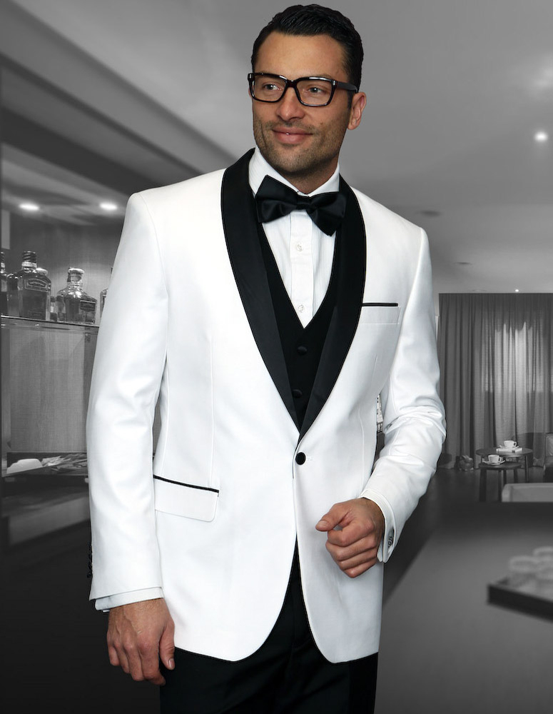 ENCORE CLASSIC 1 BUTTON MENS WHITE TUXEDO WITH SATIN COLLAR EXTRA FINE HAND MADE SUPER 150'S WOOL  
