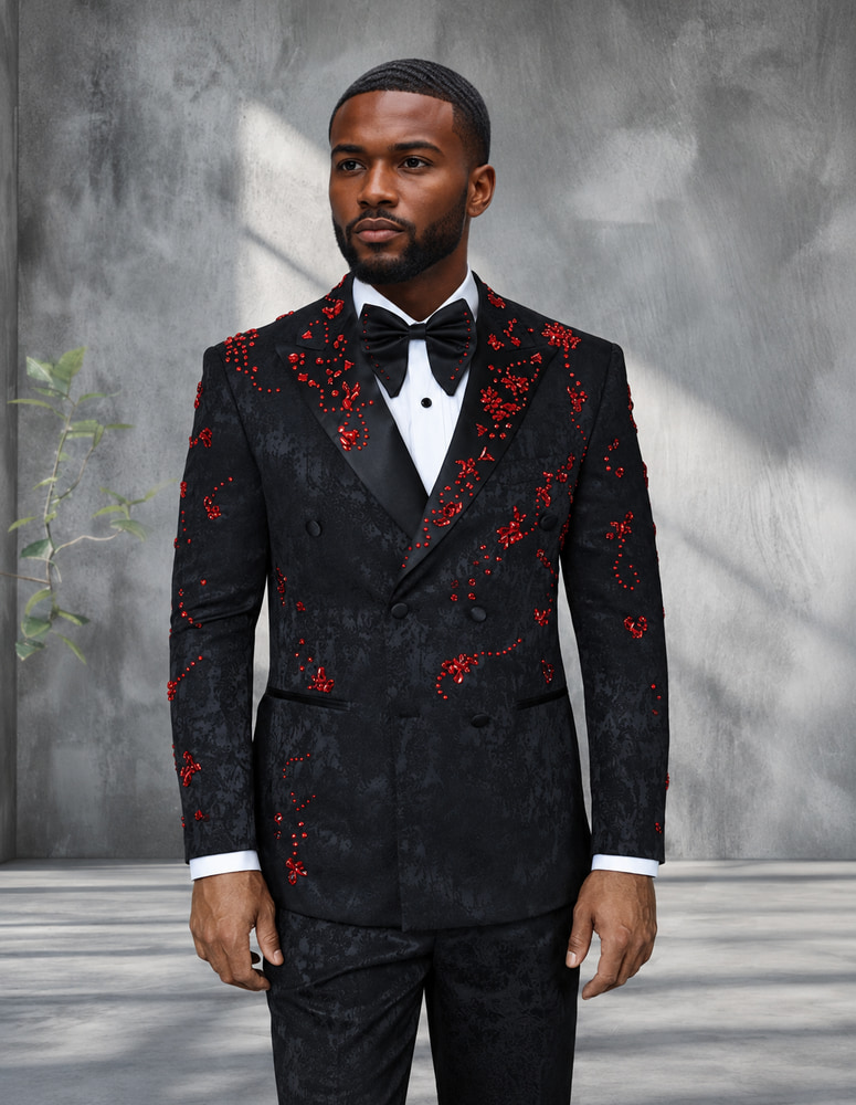 2PC ITALIAN WOOL DOUBLE BREASTED TUXEDO WITH RED STONES. MODERN FIT FLAT FRONT PANTS 
