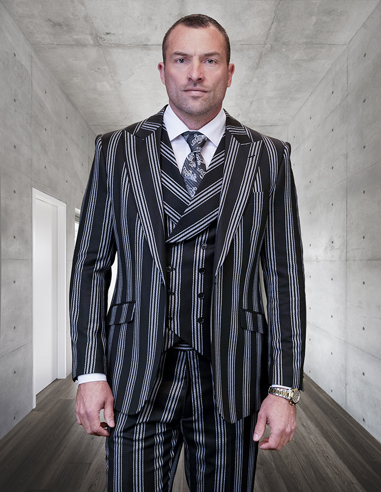 3PC STRIPE SUIT WITH DOUBLE BREASTED VEST. SUPER 150'S ITALIAN WOOL FABRIC. MODERN FIT FLAT FRONT PANTS