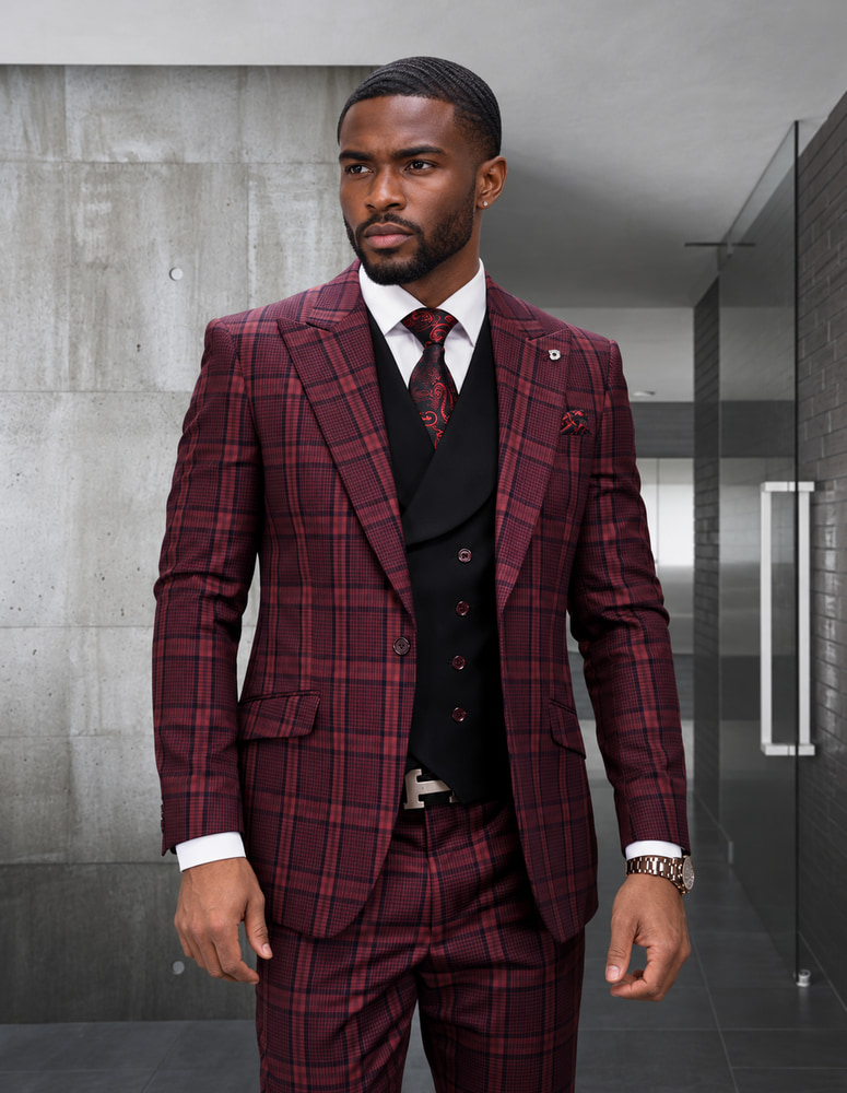 3PC PLAID SUIT WITH SOLID COLOR CONTRAST DOUBLE BREASTED VEST. SUPER 200'S ITALIAN WOOL AND CASHMERE FABRIC. MODERN FIT FLAT FRONT PANTS 