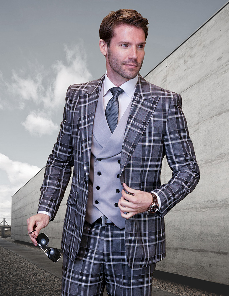 3PC PLAID SUIT WITH SOLID COLOR CONTRAST DOUBLE BREASTED VEST. SUPER 150'S ITALIAN WOOL FABRIC. MODERN FIT FLAT FRONT PANTS 