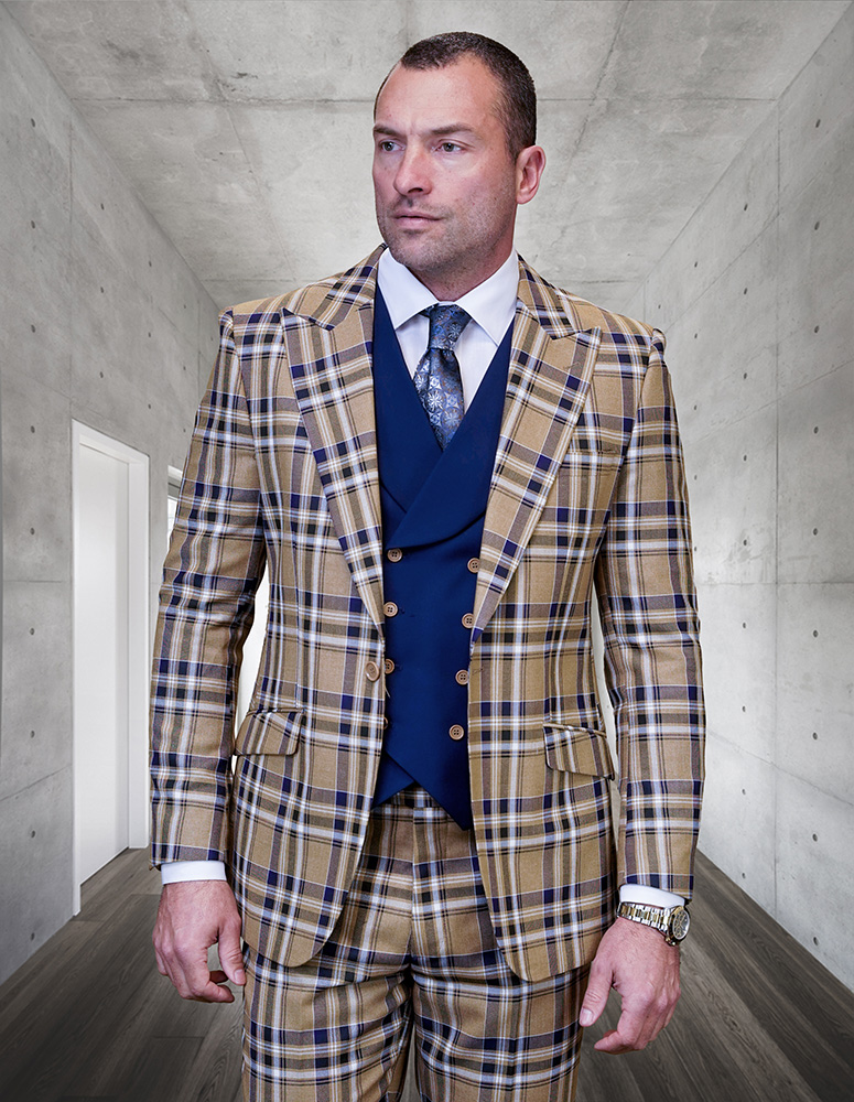 3PC PLAID SUIT WITH SOLID COLOR CONTRAST DOUBLE BREASTED VEST. SUPER 150'S ITALIAN WOOL FABRIC. MODERN FIT FLAT FRONT PANTS