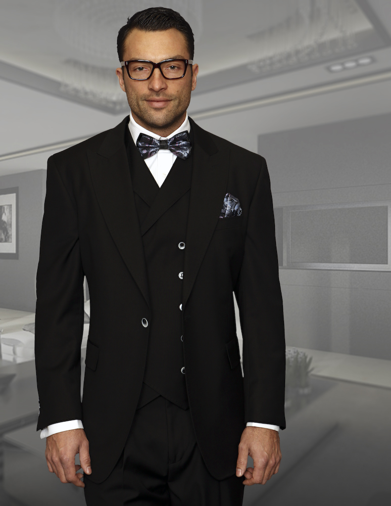FLORENCE BLACK COLOR CLASSIC 3PC 2 BUTTON SOLID SUIT WITH DOUBLE BREASTED VEST SUPER 150'S EXTRA FINE ITALIAN FABRIC  